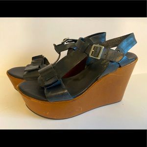 Kork-Ease Black Leather Platform Wedge Heel Bow